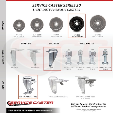 Service Caster 5 Inch Phenolic Wheel Swivel 10mm Threaded Stem Caster with Brake SCC SCC-TS20S514-PHR-TLB-M1015